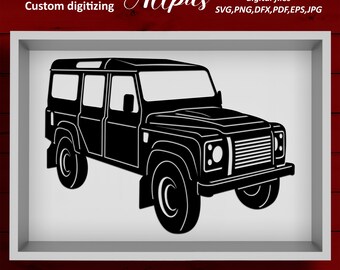 May include: Black silhouette of a Land Rover Defender SUV. The image is framed in a white box with a red background. The text "Allpics" is in the top right corner of the image. The text "Also taking orders for Custom digitizing" is in the top left corner of the image. The text "Cutting/sublimation/printing digital files SVG, PNG, DFX, PDF, EPS, JPG" is in the top right corner of the image.