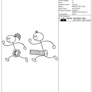 K&ouml;nnte beinhalten: Schwarz-wei&szlig;e Strichzeichnung von zwei laufenden Strichm&auml;nnchen. Eine Figur hat eine Mutter als K&ouml;rper, die andere eine Schraube. Das Bild ist ein Design-Arbeitsblatt f&uuml;r die Stickerei.