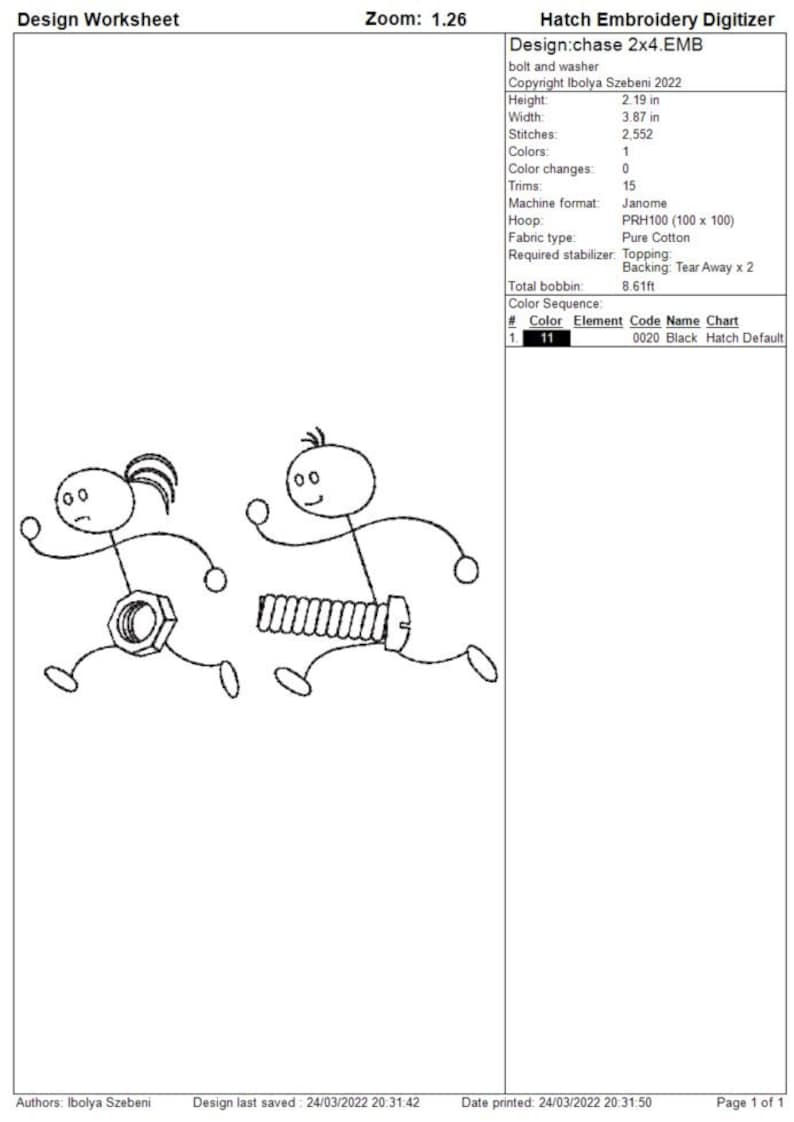 K&ouml;nnte beinhalten: Schwarz-wei&szlig;e Strichzeichnung von zwei laufenden Strichm&auml;nnchen. Eine Figur hat eine Mutter als K&ouml;rper, die andere eine Schraube. Das Bild ist ein Design-Arbeitsblatt f&uuml;r die Stickerei.