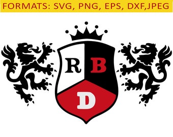 May include: A black and white heraldic shield with a red triangle at the bottom. The shield is topped with a crown and flanked by two black lions. The shield has the letters "R", "B", and "D" on it.