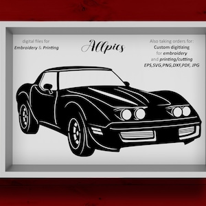 May include: Black and white silhouette of a classic Chevrolet Corvette sports car. Digital files for embroidery and printing. Also taking orders for custom digitizing for embroidery and printing/cutting. EPS, SVG, PNG, DXF, PDF, JPG.
