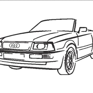 Puede incluir: Dibujo lineal en blanco y negro de un coche descapotable, con el logotipo de Audi en la parte delantera. El coche tiene faros visibles y ruedas detalladas. La capota está bajada, y la imagen es un simple boceto.