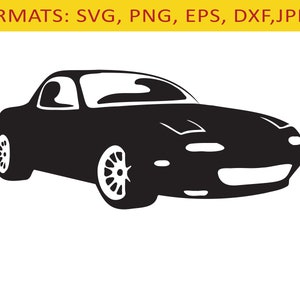 May include: Black silhouette of a sports car with a rounded front end and a single, rounded headlight on each side.
