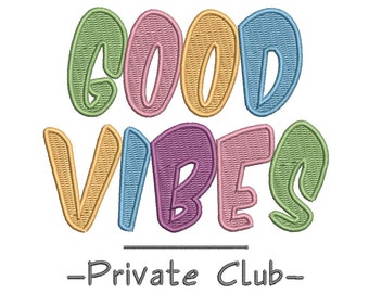 Può includere: Testo Good Vibes - Private Club in un font cartone animato colorato. Le lettere sono contornate di nero e riempite con diversi colori pastello.