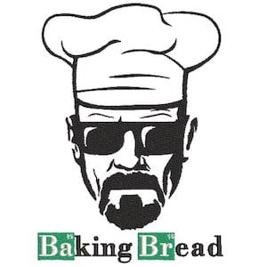 Puede incluir: Ilustración en blanco y negro de un chef con sombrero y gafas de sol. El texto "Baking Bread" está debajo de la imagen.