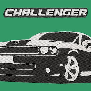 May include: A black and white embroidered patch of a Dodge Challenger car with the word "CHALLENGER" above it.
