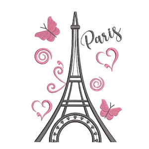 May include: A black and grey Eiffel Tower with pink hearts, butterflies, and swirls. The word "Paris" is written in cursive above the tower.