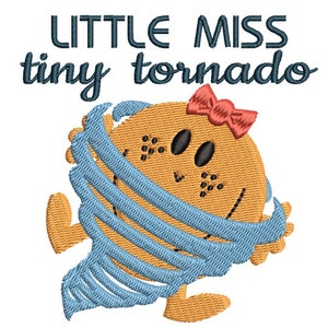 Puede incluir: Diseño bordado de un personaje de dibujos animados con un lazo rojo, envuelto en un tornado azul, con el texto "LITTLE MISS tiny tornado".