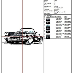 May include: A black and white embroidery design of a Chevrolet Corvette C1, a classic American sports car. The design is 38.8 mm high and 93.9 mm wide, with 13,928 stitches and 5 colours. The design is suitable for embroidery machines using the Janome format.