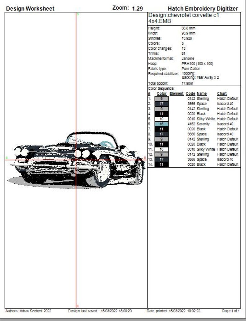 May include: A black and white embroidery design of a Chevrolet Corvette C1, a classic American sports car. The design is 38.8 mm high and 93.9 mm wide, with 13,928 stitches and 5 colours. The design is suitable for embroidery machines using the Janome format.