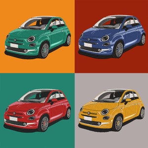May include: Four Fiat 500 cars in different colors: green, blue, red, and yellow. Each car is shown against a solid background color.