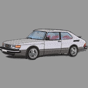 Könnte beinhalten: Gesticktes Bild eines klassischen weiß-grauen Autos mit Spoiler. Das Auto hat ein detailliertes Design mit sichtbaren Fenstern und Rädern. Der Innenraum des Autos ist rot. Das Auto ist vor einem grauen Hintergrund.