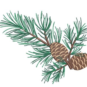 May include: A green pine branch with two brown pine cones. The pine branch is stylized and has a whimsical look.
