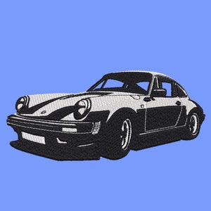 Puede incluir: Una imagen bordada en blanco y negro de un coche deportivo Porsche 911 clásico.