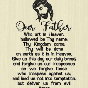 Peut inclure: Une œuvre d'art crème avec le texte du Notre Père en écriture décorative, surmontée d'une illustration noire de Jésus-Christ. Le design a une esthétique vintage, avec le texte et l'image en noir.