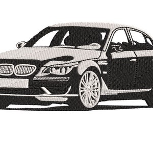 Könnte beinhalten: Eine Schwarzweißillustration eines BMW-Sedans. Das Auto hat ein sportliches Design mit einem großen Kühlergrill und einem niedrigen Profil.