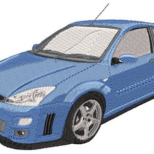 Puede incluir: Un Ford Focus azul con un diseño deportivo. El coche tiene un parachoques delantero negro y una parrilla plateada. El coche está en buen estado.