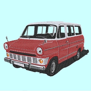 Może przedstawiać: Czerwono-biały zabytkowy van z białym dachem i białym pasem wzdłuż boku. Van ma dużą szybę przednią i chromowany zderzak.