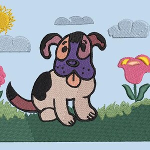 Cute little happy dog embroidery design