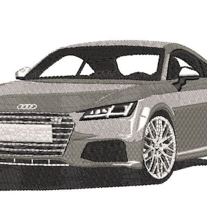 Puede incluir: Un Audi TT Coupé de color gris plata con detalles en negro. El coche tiene una parrilla negra con el logotipo de Audi y un interior negro.