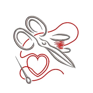 May include: A red thread with a heart shape, a needle, and a pair of scissors. The scissors are open and the thread is wrapped around them.