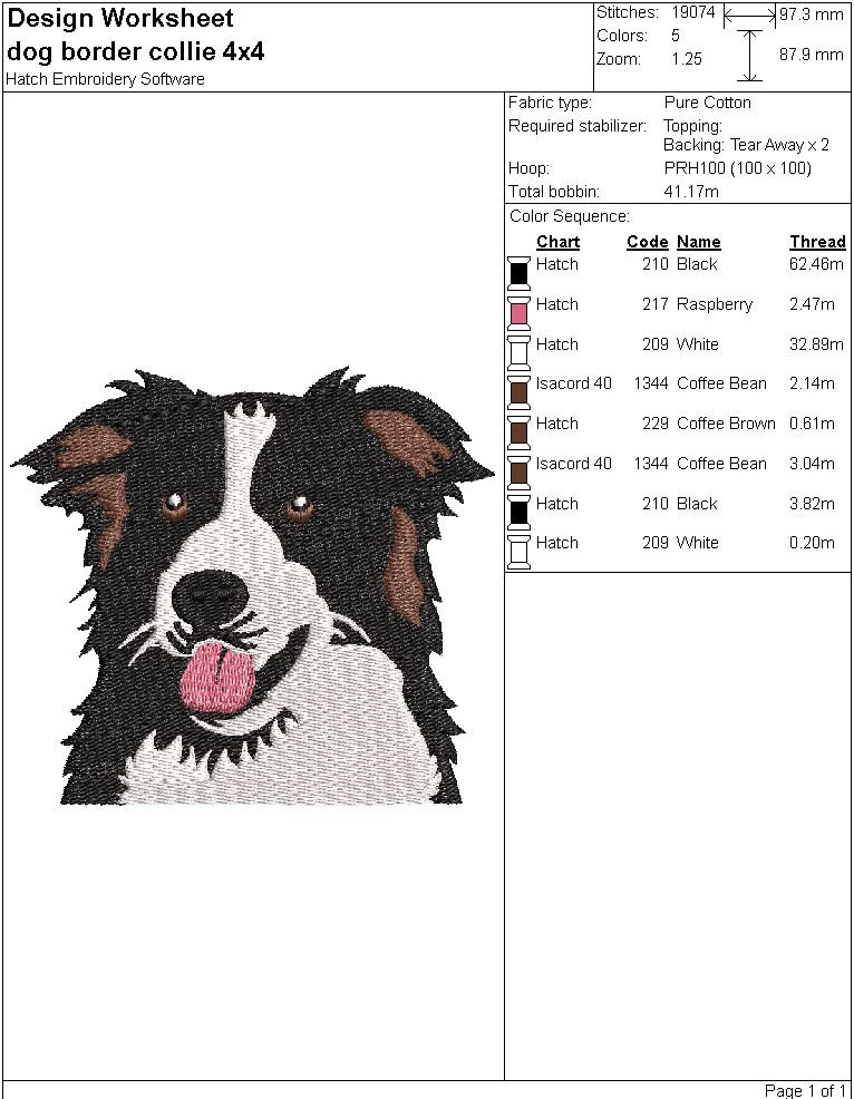 ボーダーコリーの刺繍デザイン：犬のポートレートパターン（デジタル