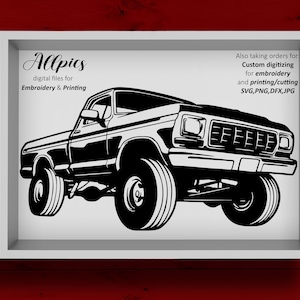 May include: Black and white silhouette of a vintage pickup truck. The truck is facing the right side of the image. The image includes the text "Allpics digital files for Embroidery & Printing".
