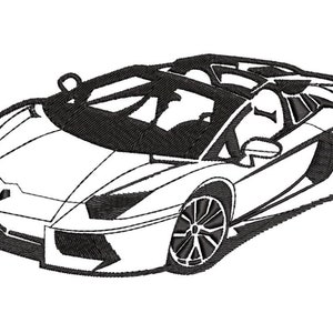May include: A black and white line drawing of a convertible sports car. The car has a sleek design with a low profile and a long bonnet.