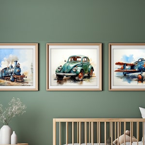Boys Room Bundle: Printable Watercolor Wall Decor with Transportation Theme