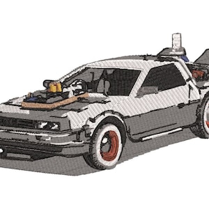 May include: Embroidered image of a silver and grey DeLorean car with red-rimmed wheels. The car has detailed stitching, including the interior and engine components. The design features a futuristic aesthetic, with a focus on the car's unique features.