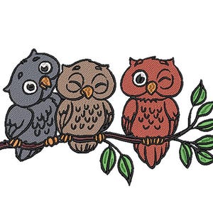 May include: Three cartoon owls perched on a branch. The owl on the left is gray, the middle owl is brown, and the owl on the right is red with one eye closed.
