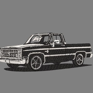 May include: A black pickup truck with a white Chevrolet logo on the side. The truck has a white stripe along the bottom of the bed and a white windscreen.