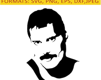 May include: Black and white silhouette of a man with a mustache. The man is looking to the right.