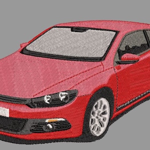 Op de afbeelding: Een rode coupé met een zwarte voorbumper en zwarte zijskirts. De auto heeft een zwarte grille en zwarte koplampen.