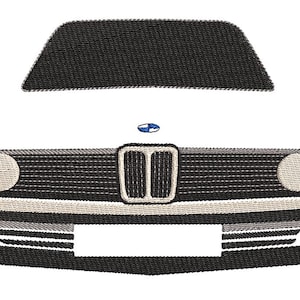 May include: A white front-facing embroidered patch of a classic BMW car with a black grill, blue and white logo, and orange turn signals.