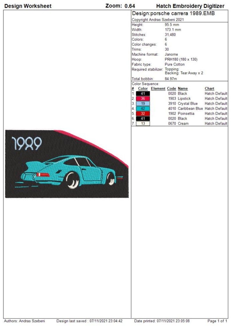 May include: A blue and red embroidery design of a Porsche 911 car with the year 1989 in white text. The design is 173.1 mm wide and 95.5 mm high.