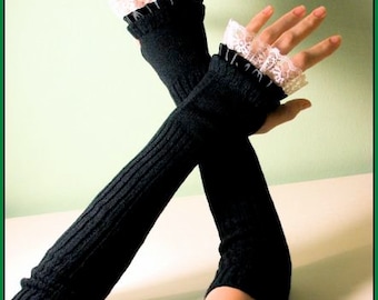 May include: A pair of black fingerless gloves with white lace trim. The gloves are made of a soft, stretchy fabric and are perfect for adding a touch of elegance to any outfit.