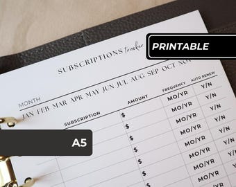 Könnte beinhalten: Ein weißes A5-Abonnement-Tracker-Einlageblatt mit schwarzem Text und Linien. Die Überschrift lautet SUBSCRIPTIONS tracker. Die Spalten umfassen Month, Subscription, Amount, Frequency und Auto Renew mit Y/N-Optionen. Goldene Ringbuchmechanik sichtbar.