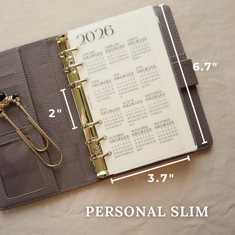 2026 Year at a Glance Dashboard Laminated Matte Vellum Pocket A7 Personal Personal slim A5 Binder Insert Personal Slim