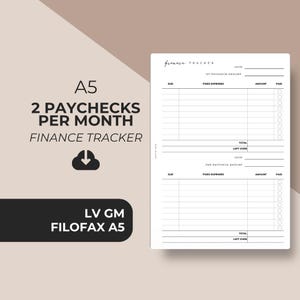 Könnte beinhalten: Ein weißer Finanz-Tracker mit dem Text "A5 2 PAYCHECKS PER MONTH FINANCE TRACKER". Der Tracker enthält Abschnitte für feste Ausgaben, Beträge und den Zahlungsstatus. In der unteren linken Ecke steht "LV GM FILOFAX A5".