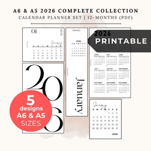 May include: A collection of 2026 calendar planner designs in A6 and A5 sizes. The image features multiple calendar layouts, including monthly and yearly views, with the text "2026 PRINTABLE" and "January". The design includes a red circle with the text "5 designs A6 & A5 SIZES".