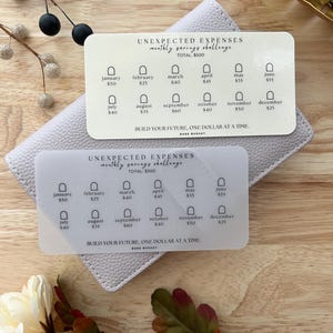May include: Two white cards with the text "UNEXPECTED EXPENSES monthly savings challenge" and "TOTAL: $500". Each card has a grid with monthly amounts. The cards are on a light gray leather-like surface. The text "BUILD YOUR FUTURE, ONE DOLLAR AT A TIME" is also visible.