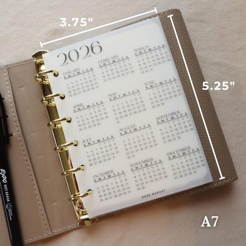 2026 Year at a Glance Dashboard Laminated Matte Vellum Pocket A7 Personal Personal slim A5 Binder Insert A7