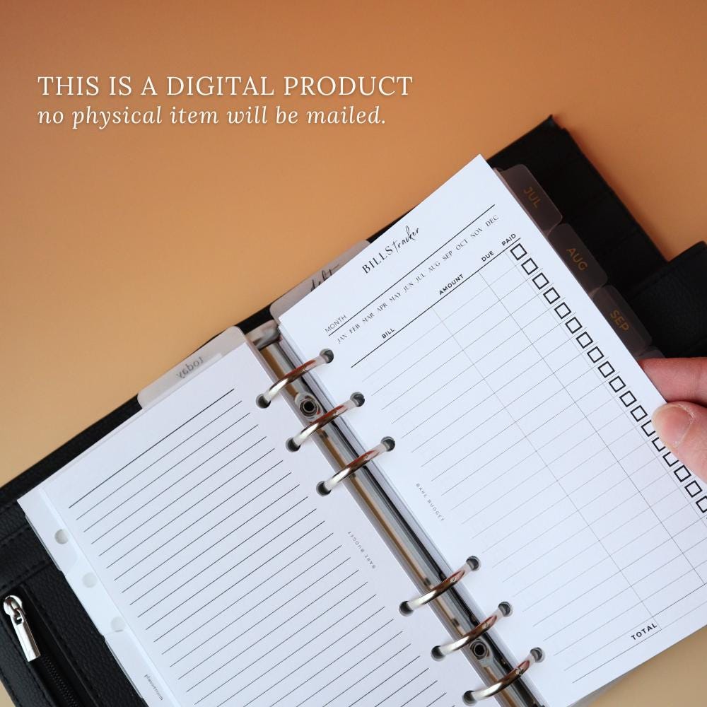 Bills Tracker Printable Personal Planner Insert Personal Wide A6 Budget ...