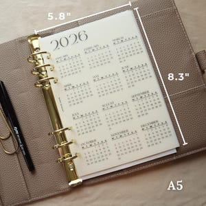 2026 Year at a Glance Dashboard Laminated Matte Vellum Pocket A7 Personal Personal slim A5 Binder Insert A5