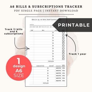 May include: A printable A6 bills and subscriptions tracker. The black and white design includes sections to track 11 bills and 6 subscriptions, with space for amounts, due dates, and renewal information. The design includes the text "Printable".