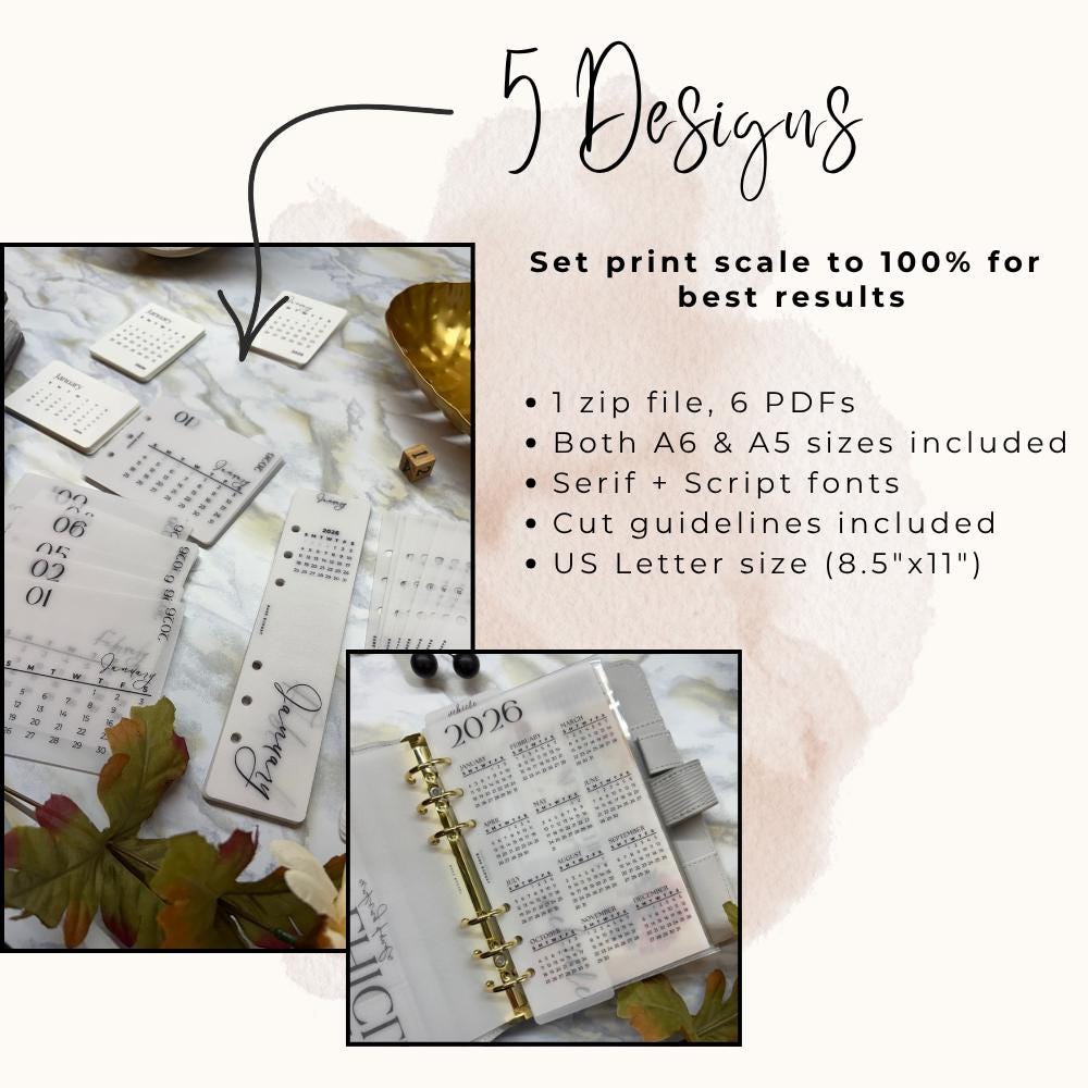 A6 A5 2026 Calendar Collection Binder Set 5 PDF Downloads - Etsy