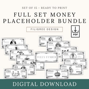 Druckbares komplettes Set Geld-Platzhalter Bündel | Prop Notizen | 1 - 20k und vollständig bezahlt | Digitaler Download