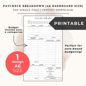 Puede incluir: Plantilla imprimible de desglose de nómina en tamaño A6. Incluye secciones para ingresos, ahorros, facturas, deudas y fondos de amortización. La plantilla está diseñada para presupuestos de base cero.
