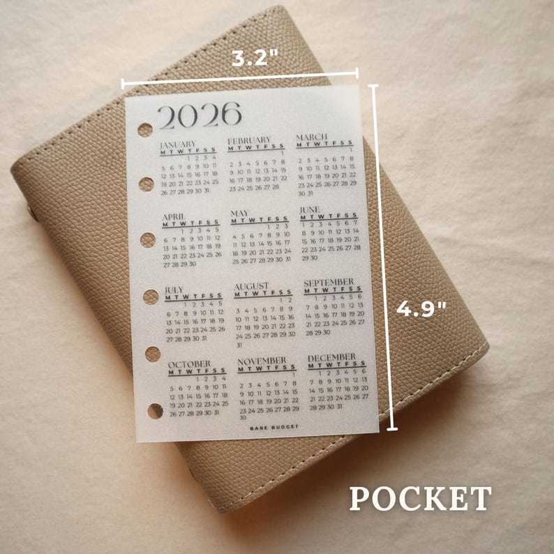 2026 Year at a Glance Dashboard Laminated Matte Vellum Pocket A7 Personal Personal slim A5 Binder Insert Pocket